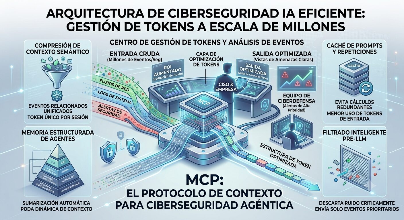 Arquitectura de ciberseguridad IA eficiente: capa de optimización de tokens que transforma millones de eventos por segundo en vistas de amenazas claras para el equipo de ciberdefensa
