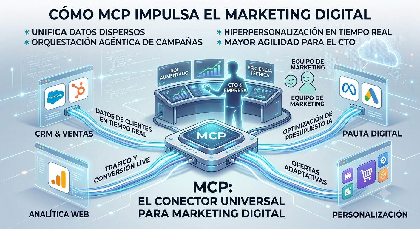 Diagrama de MCP como conector universal entre CRM y ventas, analítica web, pauta digital y personalización, supervisado por el CTO