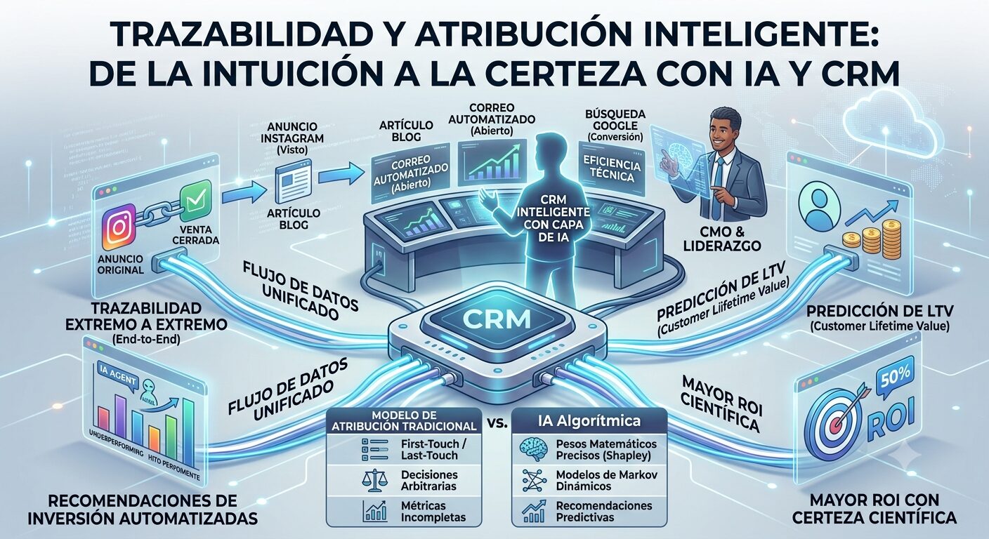 Diagrama de trazabilidad y atribución inteligente: el CRM con capa de IA unifica anuncio de Instagram, artículo de blog, correo automatizado y búsqueda en Google hasta la venta cerrada